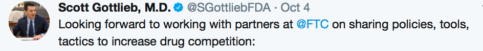tweet from Scott Gottlieb, MD, announcing FTC workshop on drug pricing